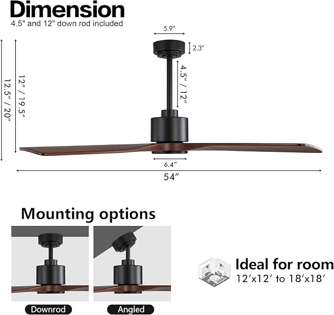 WINGBO 54 Inch DC Ceiling Fan without Lights, 4 Carved Solid Wood Blades, 6-Speed Noiseless Reversible DC Motor, Modern Ceiling Fan No Light with Remote, Black Finish with Walnut Blades, ETL Listed