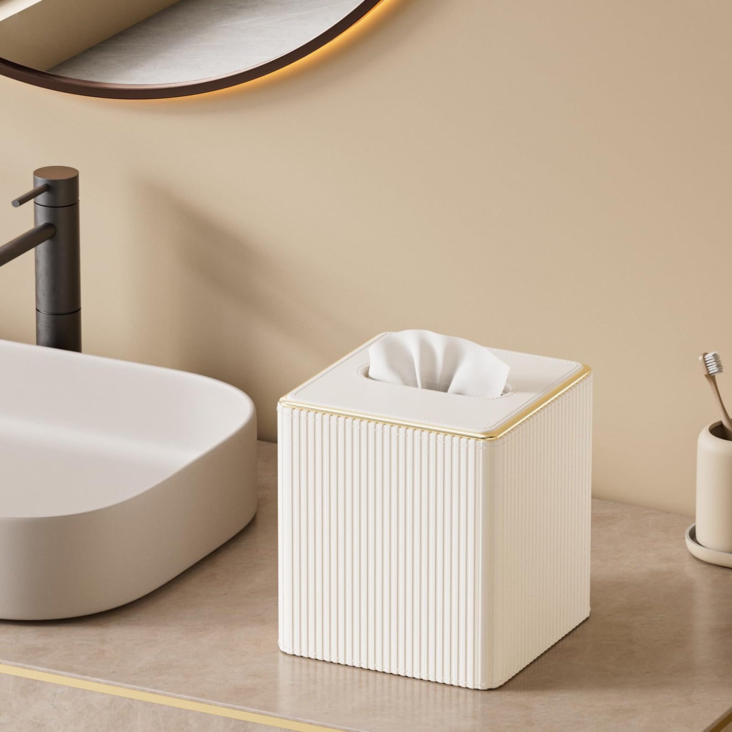 GORESE Tissue Box Cover Square Kleenexs Box Cover, PU Leather Tissue Cover with Gold-Tone Edging, Cube Tissue Box Holder for Bathroom Livingroom Car, Modern Decorative Kleenexs Cover, Cream White