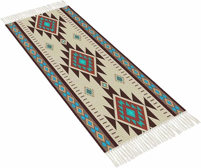 Boho Southwestern Runner Rug 2X4 Ft Entryway Outdoor Indoor Mat, Washable Woven Aztec Abstract Geometric Throw Carpet with Tassel, Non-Shedding Vintage Native American Patterned Hallway Bath Mats