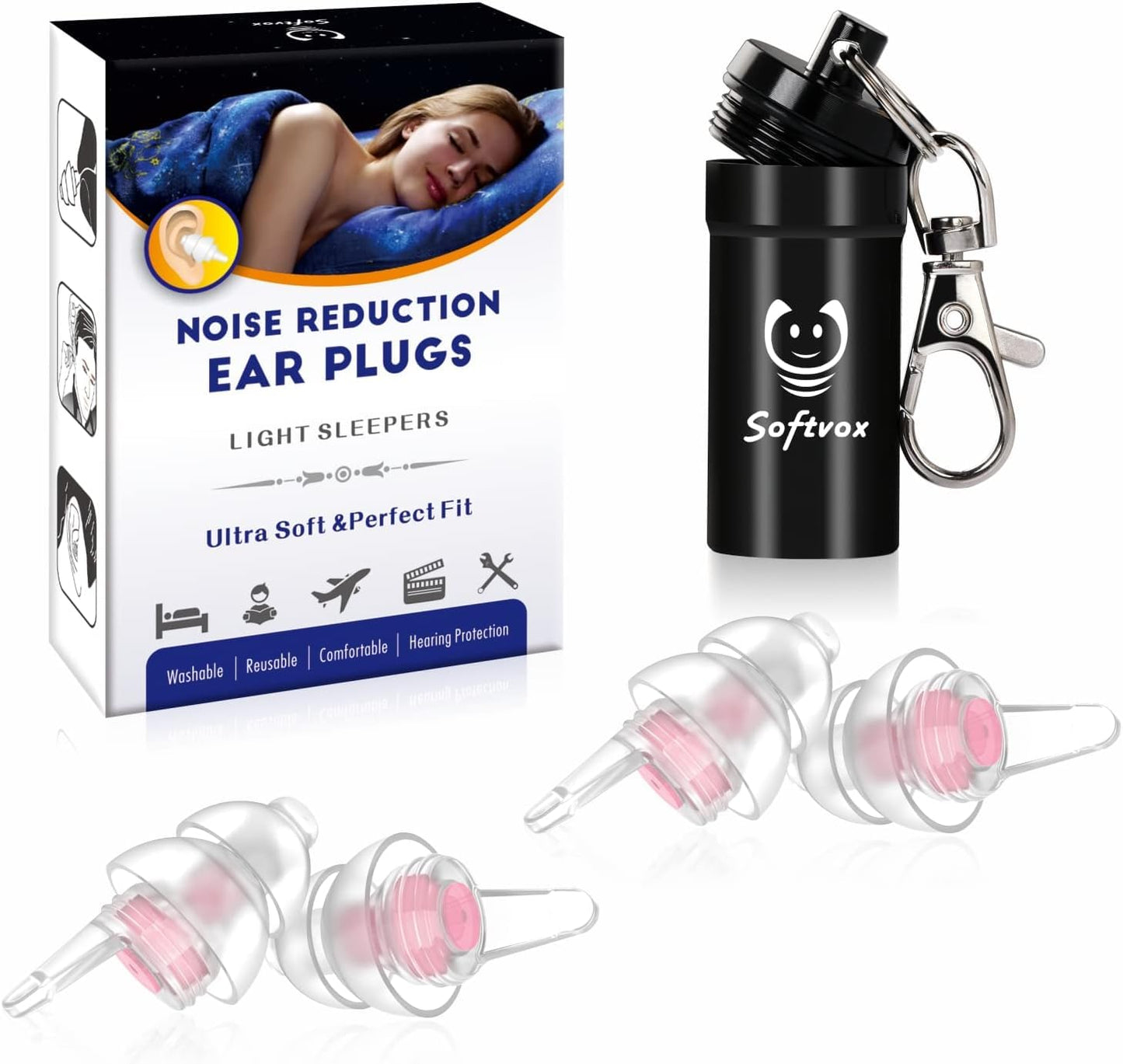 Softvox Small Ear Plugs for Sleeping, 2 Pairs Reusable Comfy Earplugs for Adults Kids 12+, Noise Reduction Earbuds for Sleep, Snoring, Work, Travel, Gardening, Concerts - 31dB Hearing Protection
