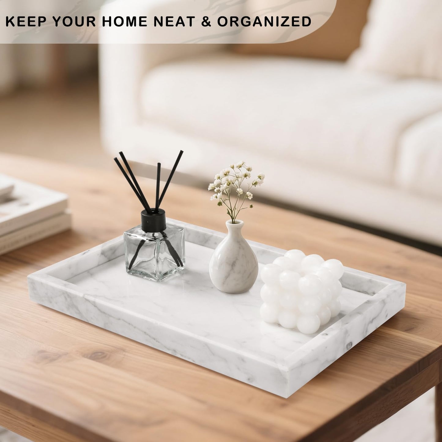 Homaura Marble Bathroom Tray for Countertop & Home Decor, Natural Decorative Marble Tray for Jewelry & Perfume Organizer, Luxury Stone Vanity Trays for Dresser, Kitchen Counter, 12" x 8", White