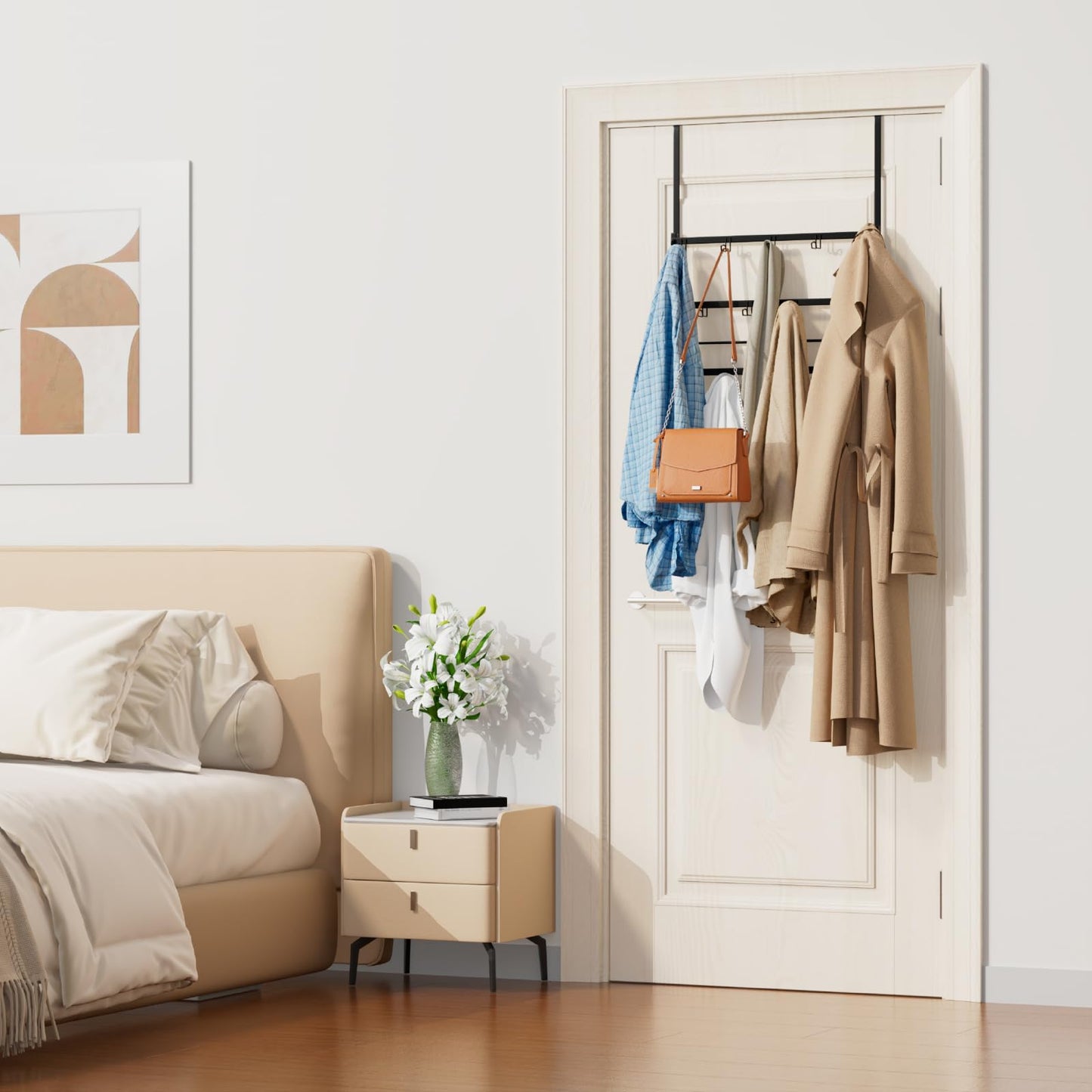 Consumest Over The Door Organizer - 4 Tier Door Hanger Hooks for Hanging Clothing, 24 Inches Long Coat Hanger for Bedroom, Bathroom, Laundry or Dorm Room, Black