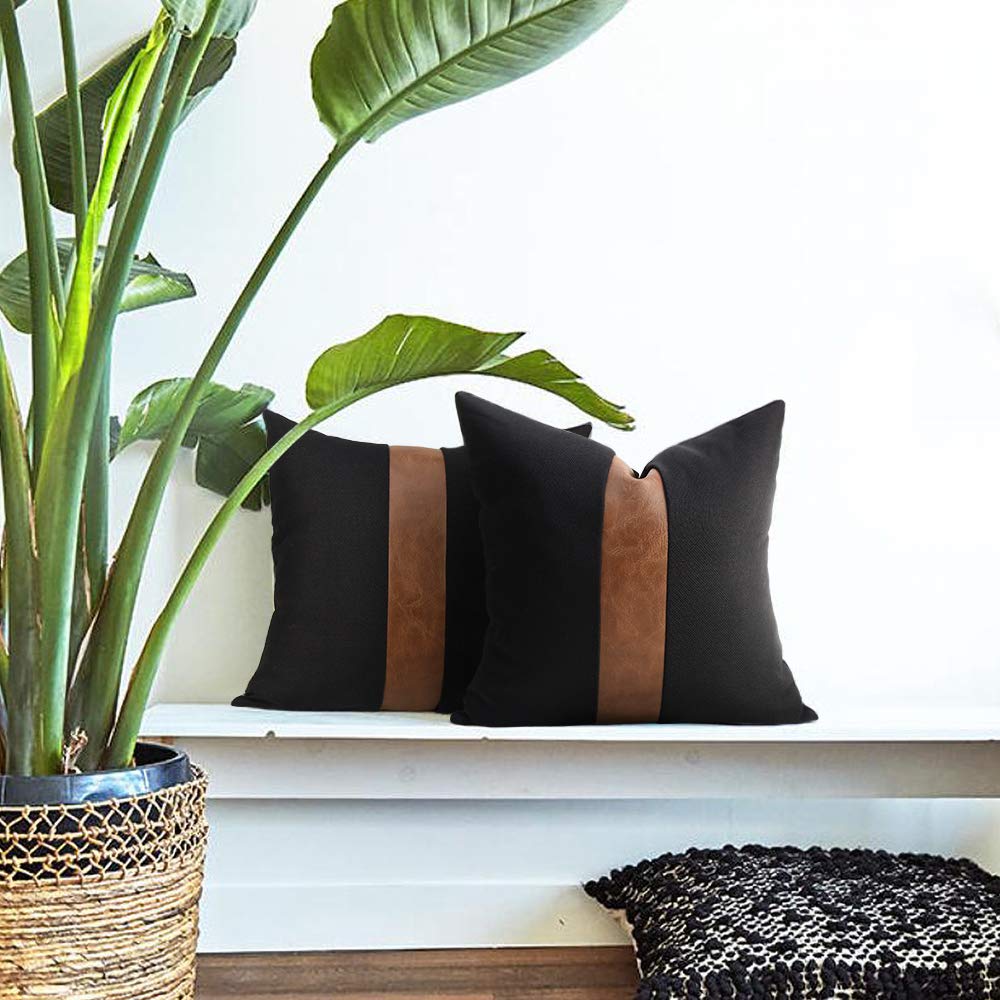 cygnus Set of 2 Black Linen Patchwork Faux Leather Throw Pillow Covers for Couch Living Room Bedroom, Modern Accent Decor Square Covers 18X18 inch, Brown and Black