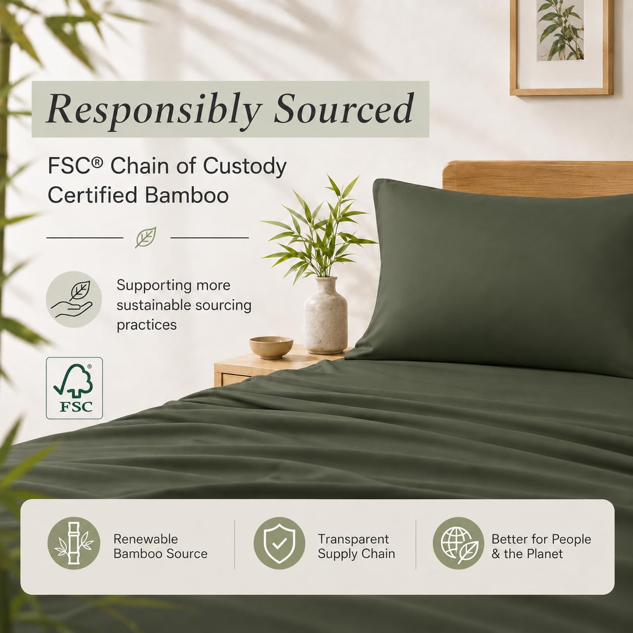 TOSMO Luxury Cooling Sheet Set | 100% Viscose from Organically Grown Bamboo | FSC® Certified | Queen Size | 18” Deep Pockets | Silky Soft Natural Bedding for Hot Sleeper [Olive]