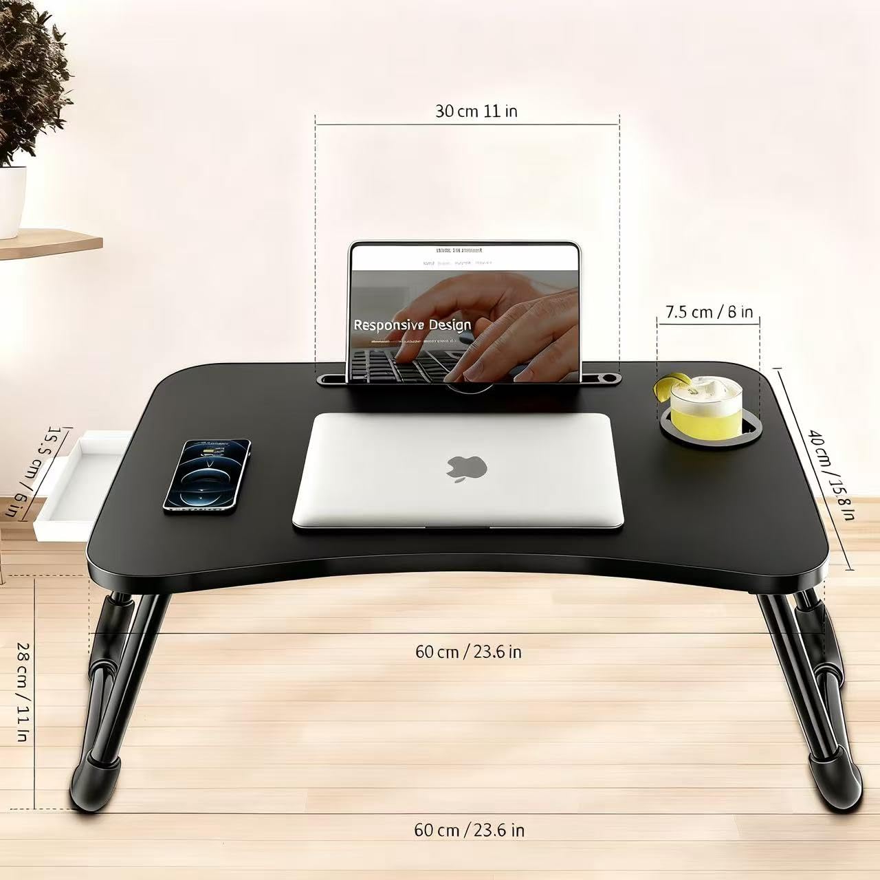 Fayquaze Laptop Bed Table, Portable Foldable Laptop Bed Desk with Storage Drawer and Cup Holder, Lap Desk Lap Stand Tray Table Floor Table Serving Tray for Eating, Reading and Working