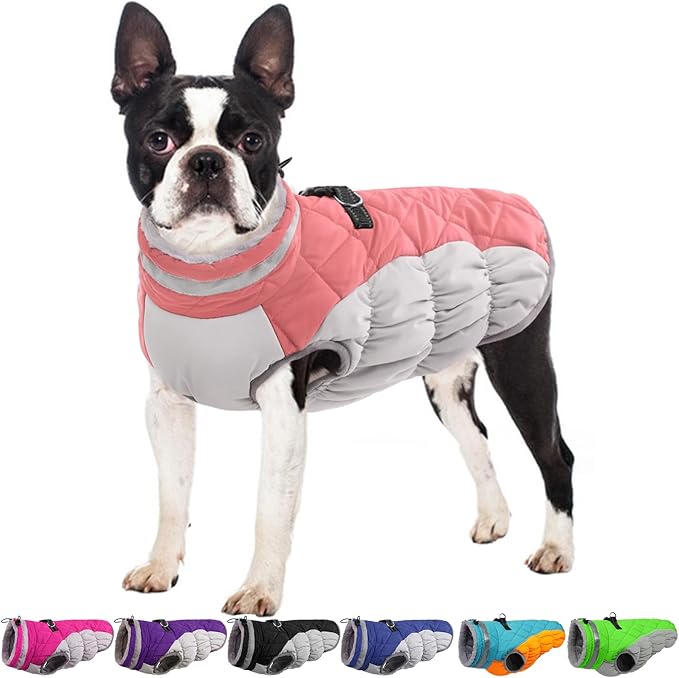 OUOBOB Winter Dog Coat,Large Dog Jacket,Waterproof Pet Jacket with Back Zipper,Pet Coat with Harness Built in,Warm Dogs Coat with Fleece Lined,Snow Jacket Clothes French Bulldog Shiba Inu,Pink,L