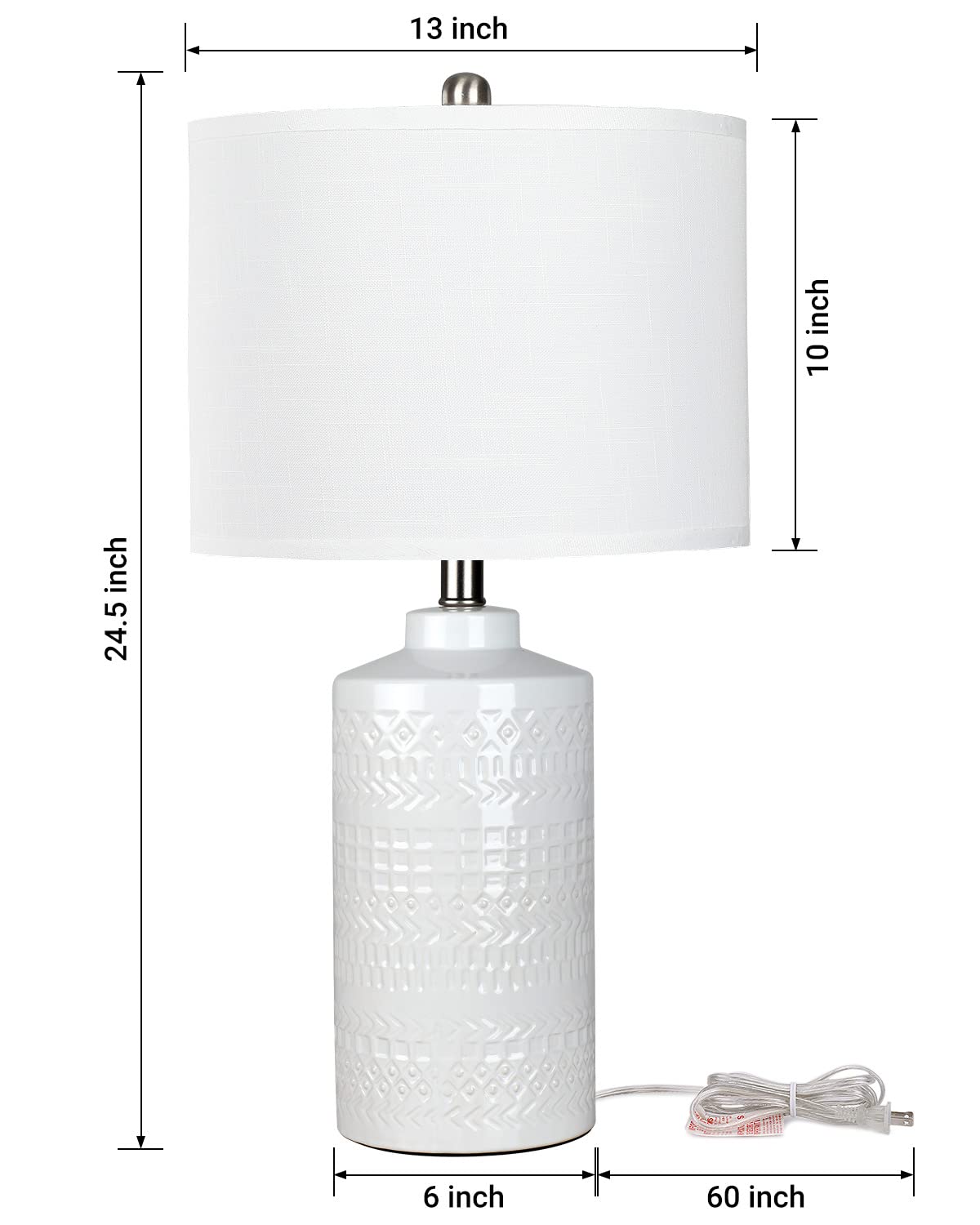 JUNNAI 24.5" White Ceramic Table Lamp 3-Way Dimmable Nightstand with White Linen Shade Bedside Lamp for Bedrooms & Living Room Office Reading(Bulb Included)