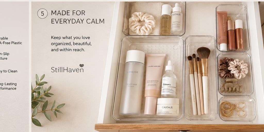 StillHaven Clear Drawer Organizer Set, 5-Piece Plastic Drawer Organizers, Multi-Size Bathroom Vanity Storage Trays for Makeup, Skincare, Kitchen, Office and Home Organization