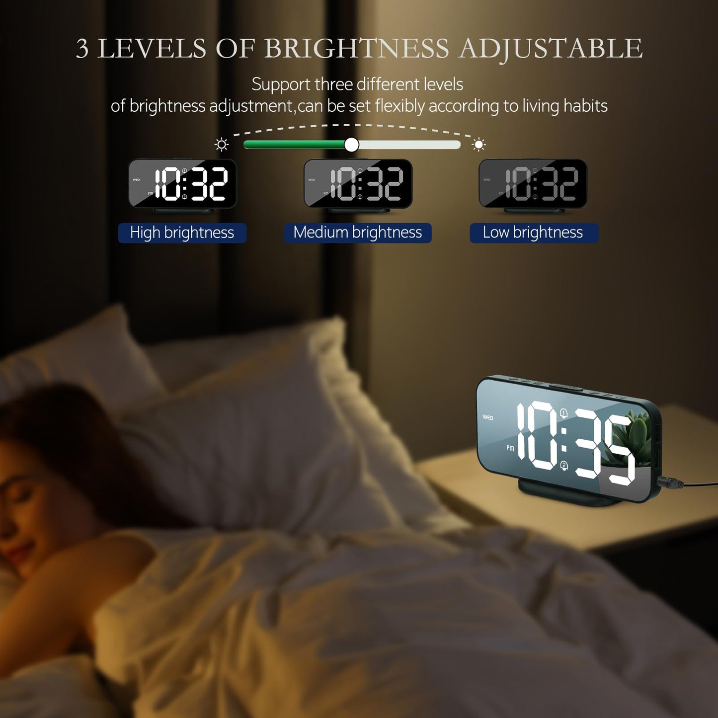 SMOUPING Digital Alarm Clock for Bedroom,6.7" LED Clock Mirror Surface with 2 USB Charger Port,Adjustable Brightness,Dual Alarm,Snooze,12/24H/Large Display Clock for Room Decor(Black)
