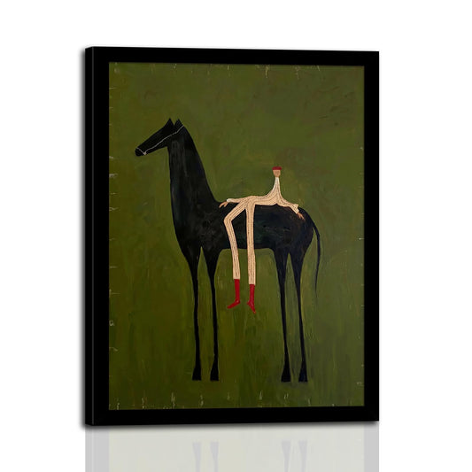 Abstract Horse Wall Art with Wooden Frame – Vintage Surreal Horse and Figure Painting, Olive Green Textured Minimalist Artwork, Retro Modern Framed Wall Decor Print 12×16 Inch
