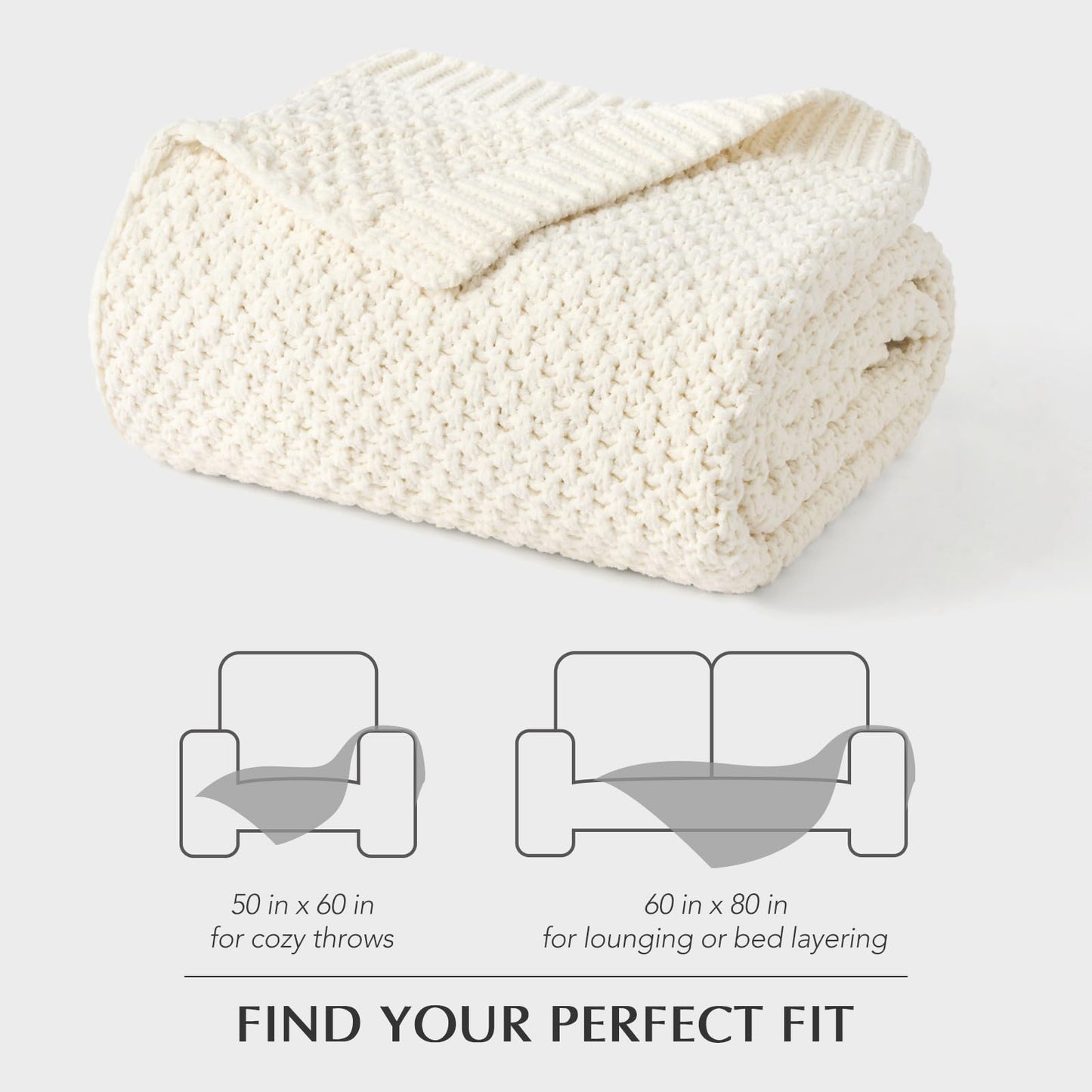 EVERGRACEHOME Chunky Chenille Knit Throw Blanket for Couch, Soft Luxurious Moss Stitch Blankets for Bed, Cozy Decorative Farmhouse Knitted Throws for Sofa, Ivory White, 60" x 80"