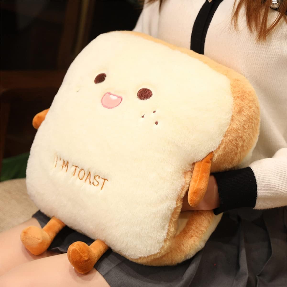 Goylmc Toast Bread Plush Pillow, Bread Stuffed Pillow,Food Plush Pillow with Hand Pocket Great Gift Choice for Kids Adults (15.7 * 13.7 in,Happy)