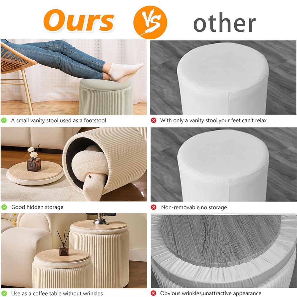 BLEXA Round Set of 2 Ottoman with Storage-Upholstered Velvet Vanity Stool for Makeup Multifunctional Ottomans Coffee Table Padded Seat Foot Rest for Living Room&Bedroom(White)