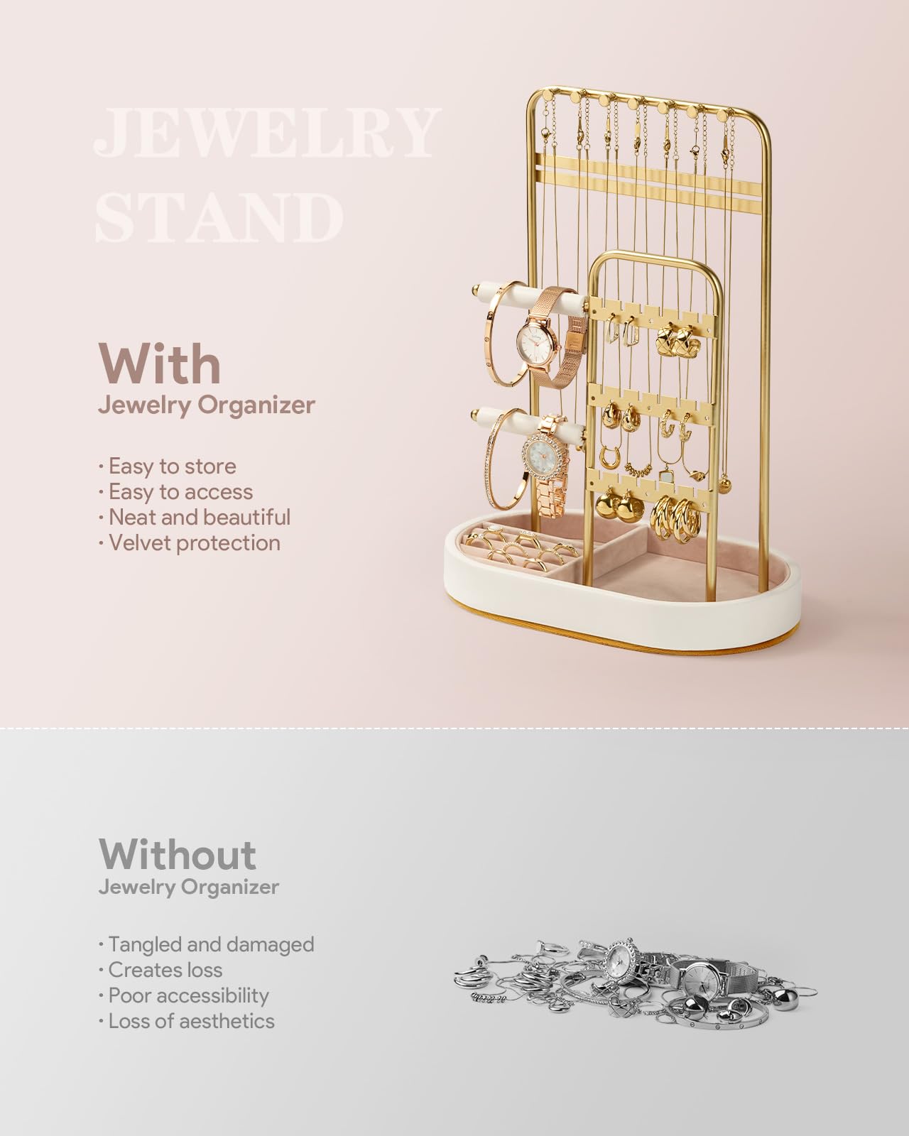 ChuStory Jewelry Organizer, Jewelry Holder Gold with Metal Frame and Velvet Ring Tray Protect headdress from scratches, Women Jewelry Stand Organizer