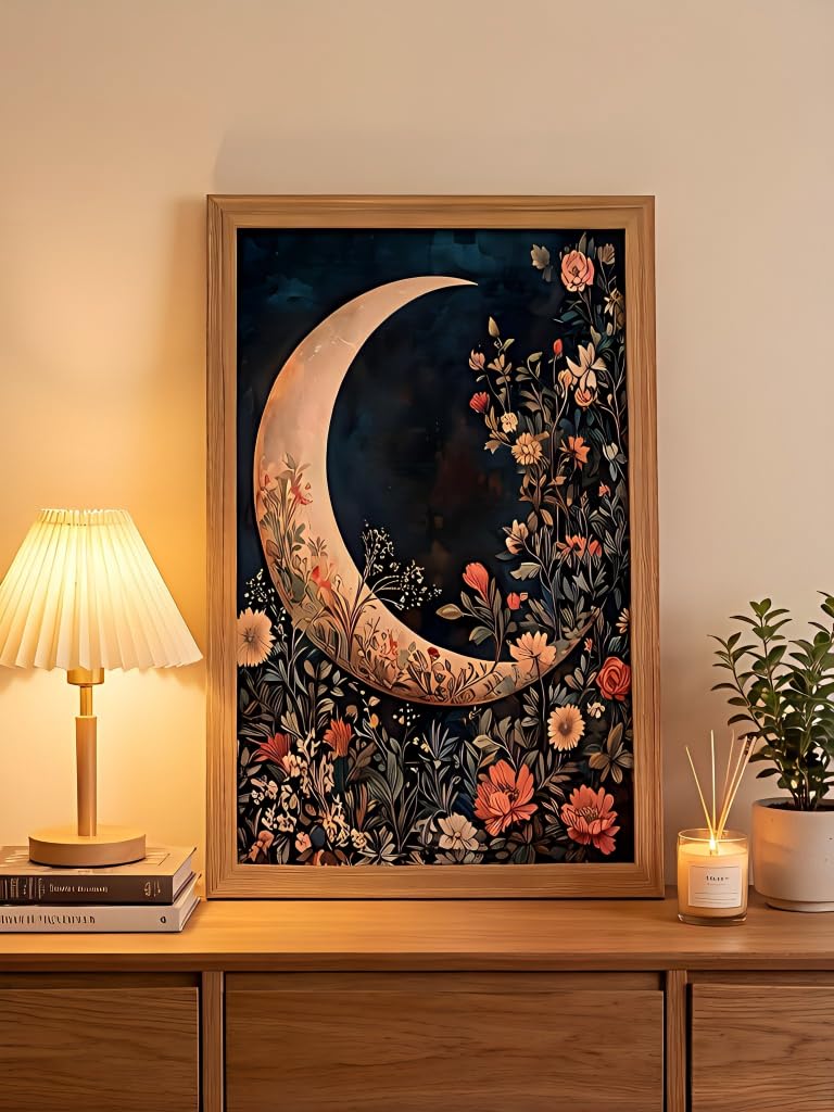 JXZMLNR Framed Canvas Wall Art, Crescent Moon with Dark Floral Print 8x10In