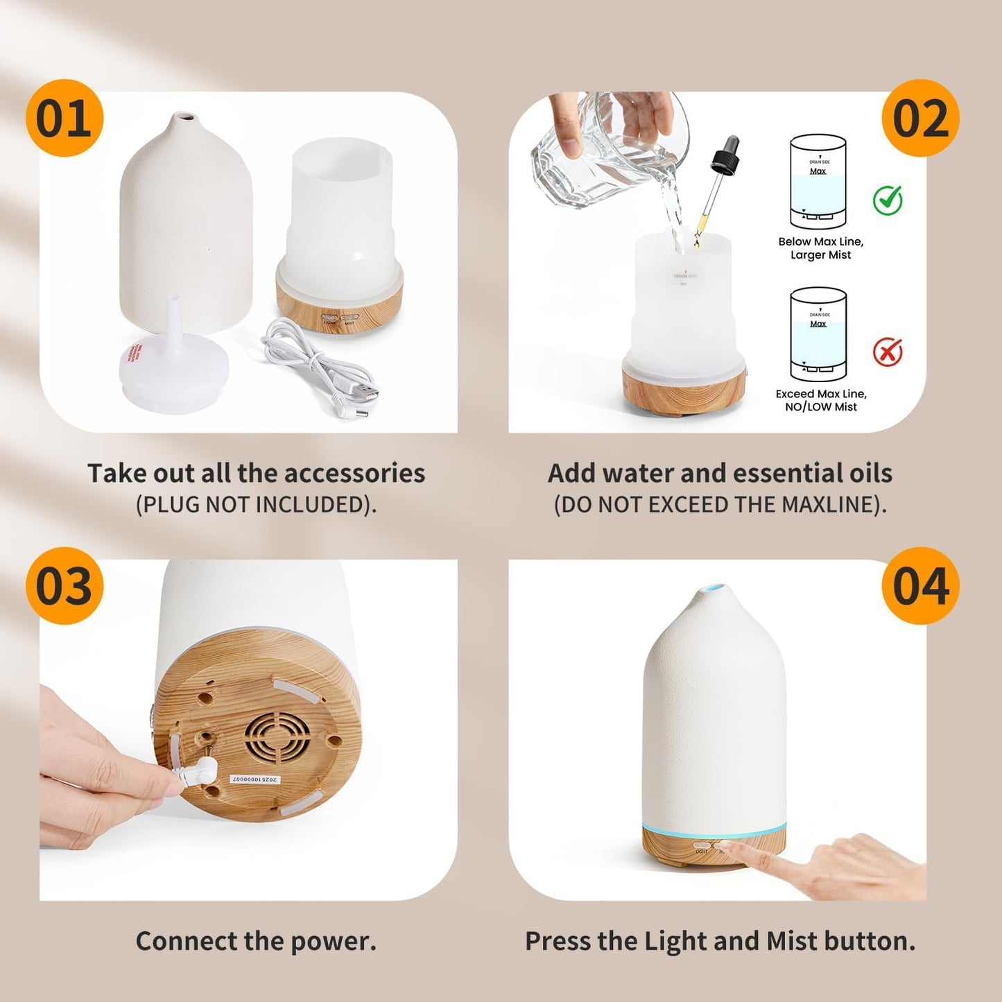 URPOWER 180ML Ceramic Essential Oil Diffuser, Ultrasonic Aromatherapy Diffuser with 7-Color Lights, Auto Shut-Off, Quiet Oil Diffuser for Bedroom, Home Office