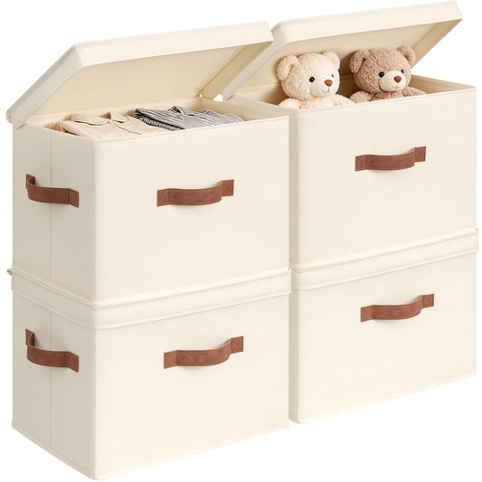 CHICVITA 4-Pack Closet Storage Organizer, Small Storage Bins with Lids, Closet Bins with Handles for Underbed, Ivory