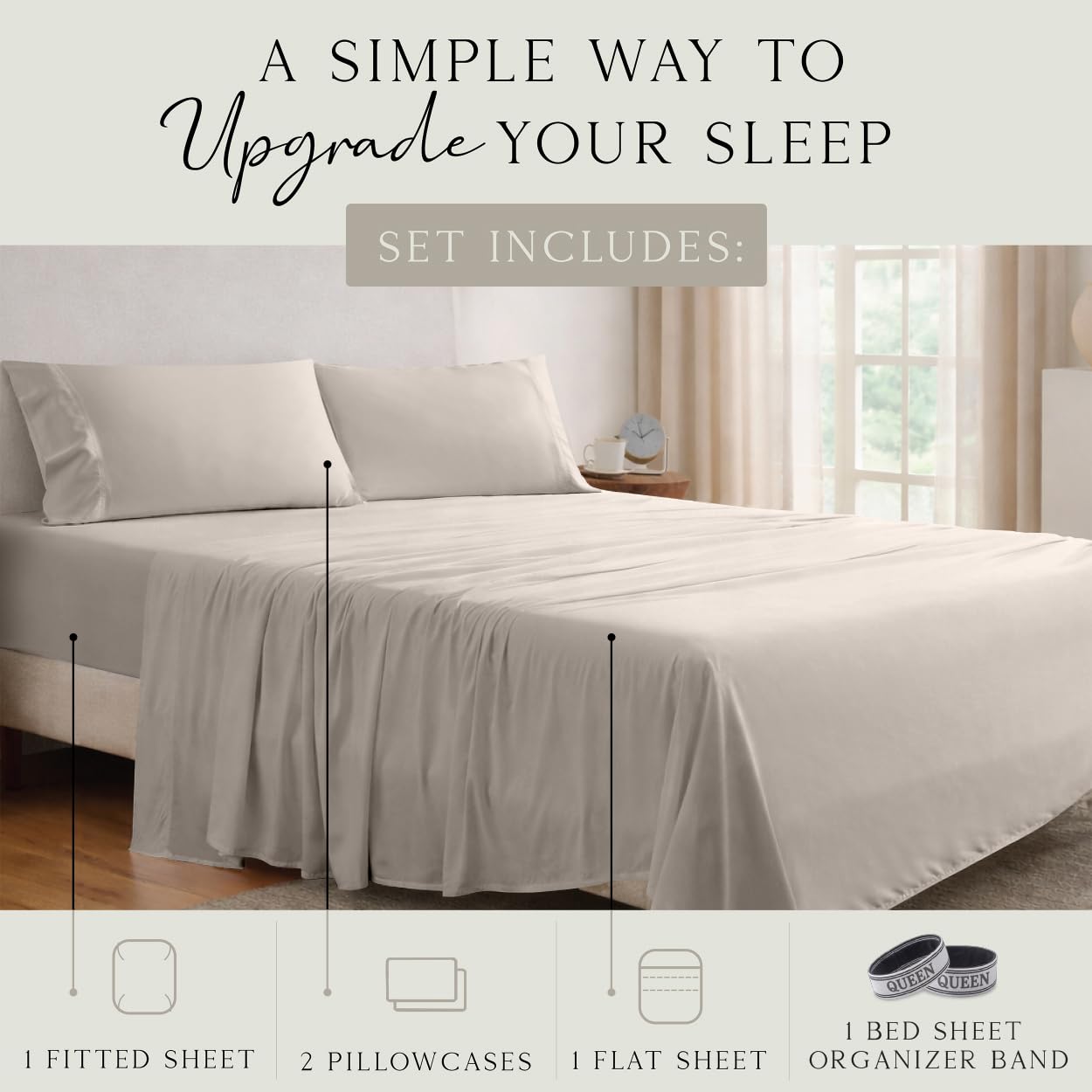 KARISSA MAE Luxury Bamboo Viscose Queen Size Sheet Set | 100% FSC Certified | Cooling | Luxuriously Soft | 18" Deep Pockets | with Organizer Band & Elastic Corner Straps [Dune]