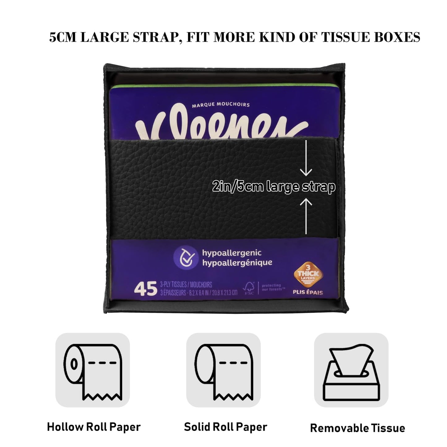 PARIERIS Tissue Box Cover Holder Square Tissue Cube Cover PU Leather Tissue Organizer with Bottom Belt for Bathroom, Tabletop, Car, Night Stands, Office, Home, Kitchen (2, Black)