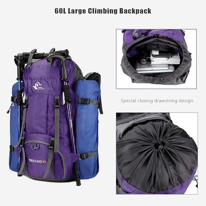 Bseash 60L Waterproof Hiking Camping Backpack with Rain Cover, Large Outdoor Sport Travel Daypack Rucksack for Climbing