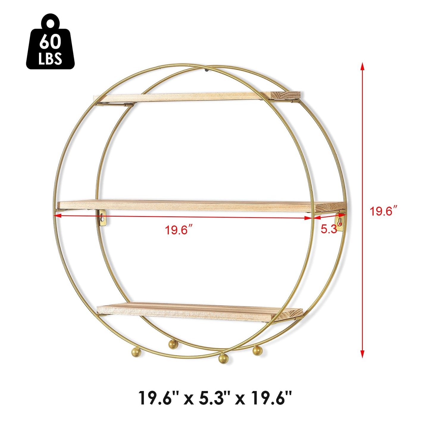 Joveco Round Wall Shelf Gold, 3 Tier Metal & Wood Circle Shelf Set, Round Shelves Wall Decor for Living Room,Bedroom,Bathroom (Gold)