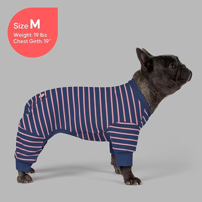 KYEESE Dog Pajamas, Soft Striped Pet Jumpsuit, Velvet Fleece Doggie Jammies, 4 Legs Dog Clothes, Stretchable Pajamas Cozy Outfit, Comfortable Onesie Sleepwear for Small Dogs,Navy Blue Striped, Large