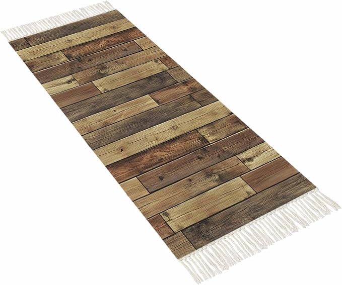 Brown Hallway Runner Rug 2X6 Ft Kitchen Carpet, Washable Woven Vintage Country Wooden Grain Throw Carpet with Tassel, Non-Shedding Farmhouse Cabin Retro Plank Stitching Art Bedroom Laundry Rugs