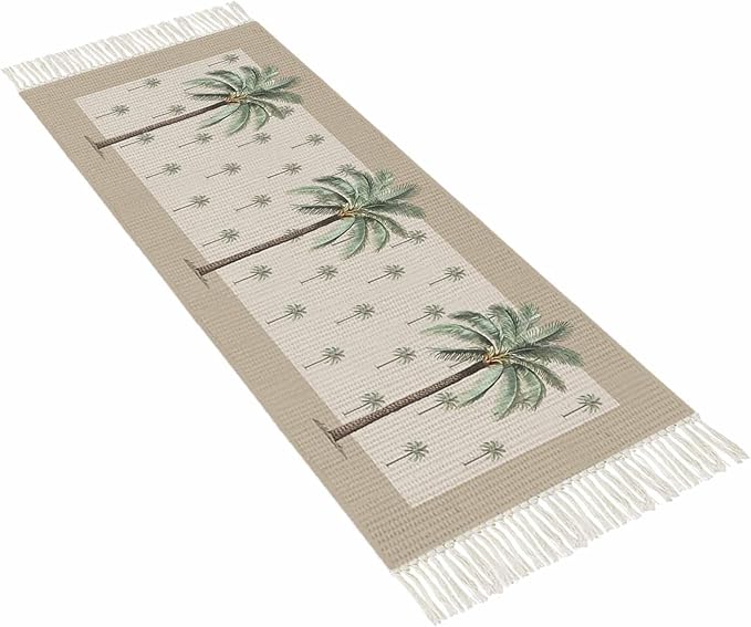 Tropical Palm Tree Hallway Runner Rug 2X6 Ft Kitchen Carpet, Washable Woven Brown Summer Beach Plant Throw Carpet with Tassel, Non-Shedding Farmhouse Retro Green Botanical Bedroom Laundry Rugs