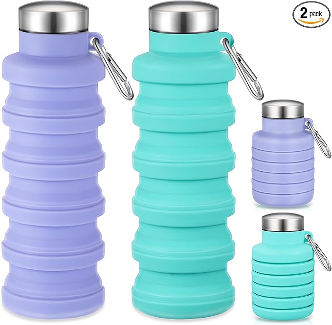 Baderke 2 Pcs Collapsible Water Bottles 17oz Silicone Travel Foldable Portable Water Bottle with Buckle Silicone Lightweight Reusable Leakproof for Camping Hiking Cycling Sport(Green, Purple)