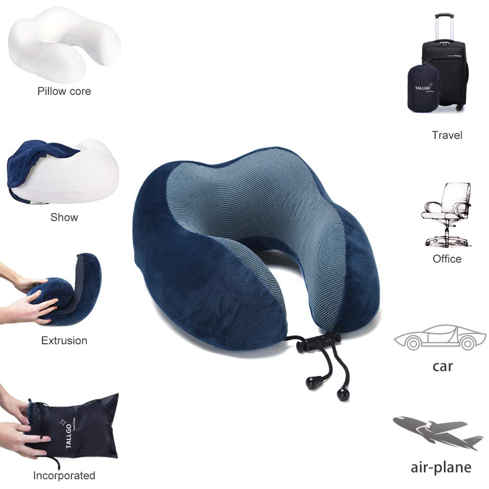 TALLGO Travel Pillow, Best Memory Foam Neck Pillow Head Support Soft Pillow for Sleeping Rest, Airplane Car & Home Use (Dark Blue)