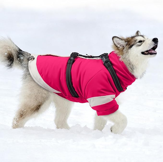 MIGOHI Reflective Dog Winter Coat,Warm Dog Jacket with Harness,Fleece Jacket for Large Dogs,Waterproof Pet Puffer Jacket Snowsuit,Windproof Pet Clothes for Cold Weather,Australian Shepherd,XL,Rosered