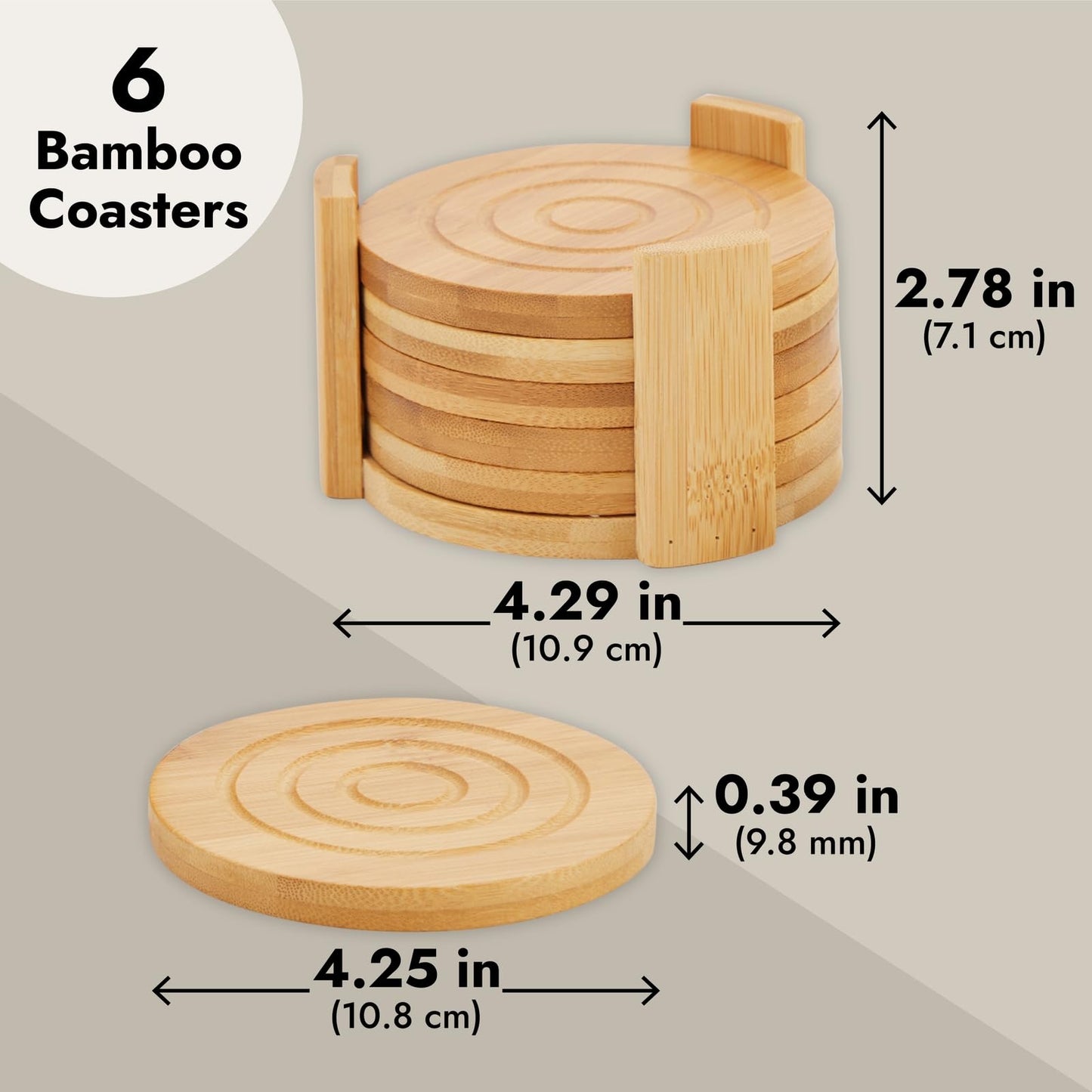 Juvale Coasters Set of 6-4.3-Inch Round Light Brown Bamboo Wood with Holder - Wooden Drink Coasters for Coffee Table Decor & Home Decor