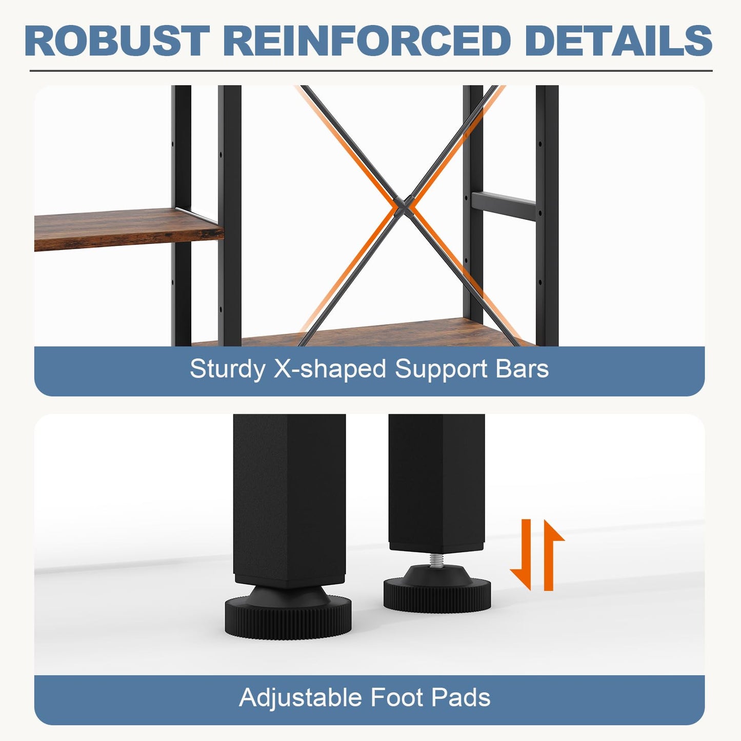 DUMOS Triple Column 4 Tier Bookshelf with Adjustable Shelves, Wide Convertible Display Unit, Industrial Bookcase for Living Room & Home Office, Sturdy Freestanding Storage Decor Organizer, Rust
