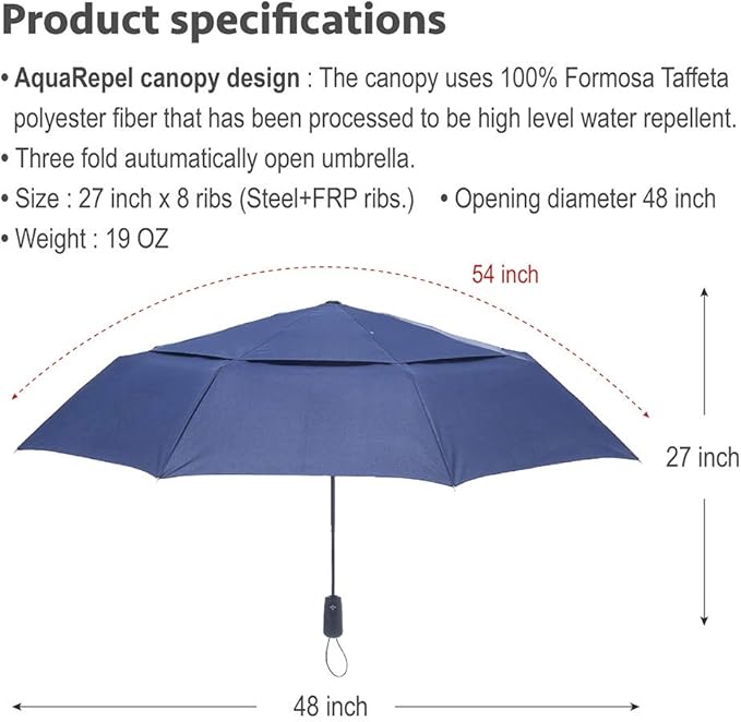 A.Brolly Stonehenge Large Travel Umbrella - Big 54 Inch Double Vented Canopy Folding Umbrella with Auto Open and Close Button (Gray)