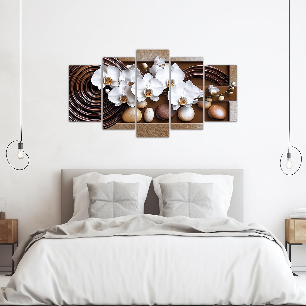 LZIMU Large Flowers Canvas Wall Art 5 Pieces White Orchid Picture Prints Abstract Floral Painting Framed Artwork for Home Bathroom Decor (Brown, 8"x14"x2 8"x18"x2 8"x22"x1)