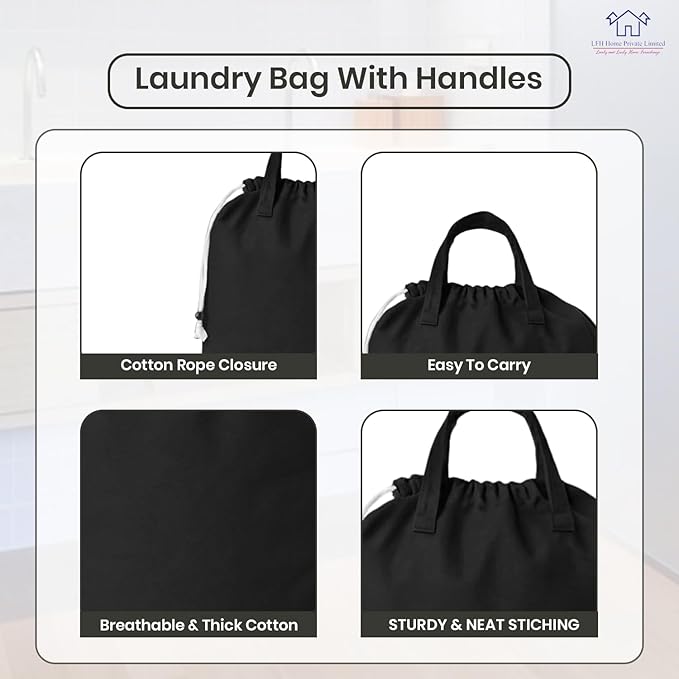 LFH Home Large Premium Cotton Canvas Laundry Bag with Drawstring and Handles Heavy Duty, Multi-Use, and Washable for Home, Travel, College or Storage 24x36 (Pack of 6)-Black