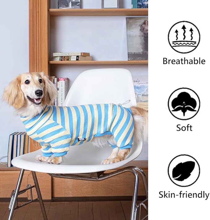 HowlyWoof Dachshund Dog Shirt, Thin Striped Base Layer Onesie for Wiener Dogs, Lightweight All-Season Wear, Soft & Comfy Fit for Doxie and Short-Leg Breeds (Blue&Yellow, Size 3(16-21 lbs))