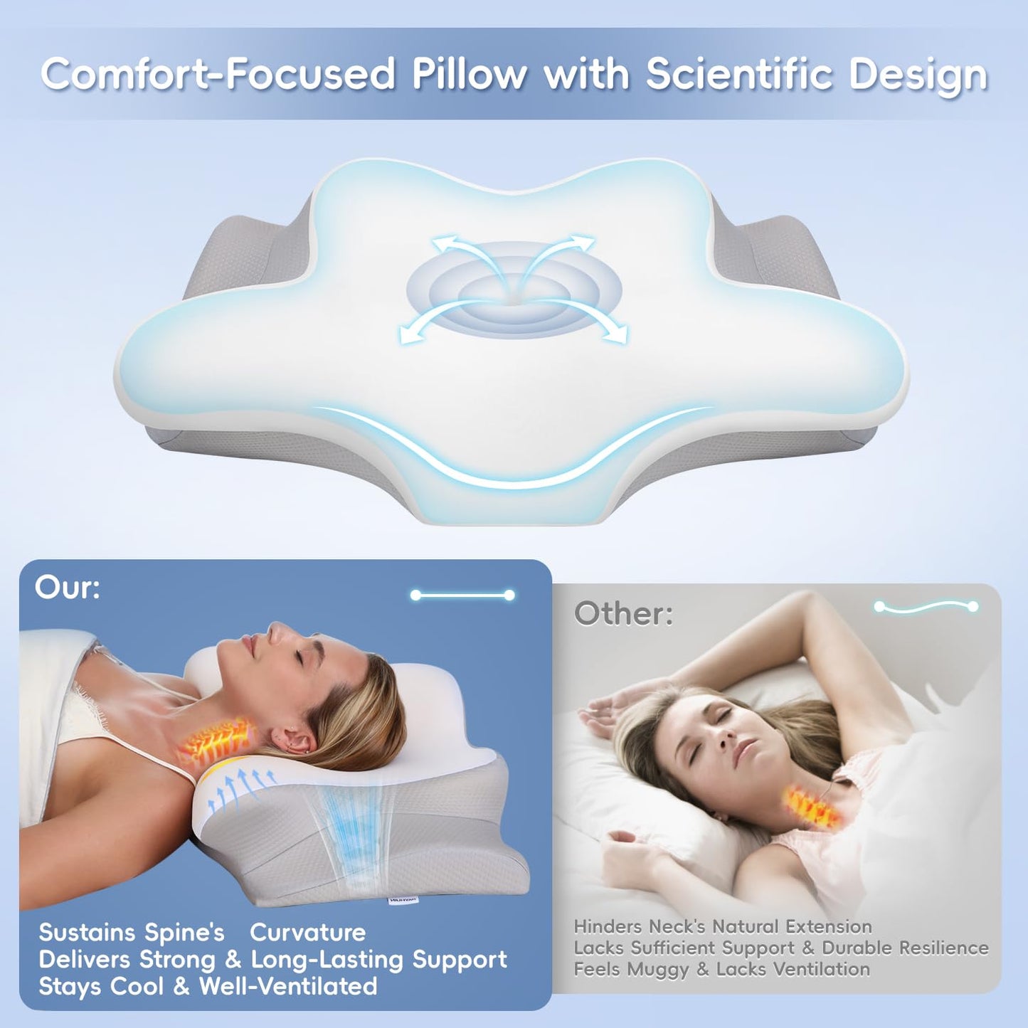 Missleep Cervical Neck Pillow, Memory Foam Pillows for Neck and Shoulder Pain Relief, 2 Heights Ergonomic Pillow with Breathable Ice Silk Cover, Neck Support Pillow for Side Sleepers White