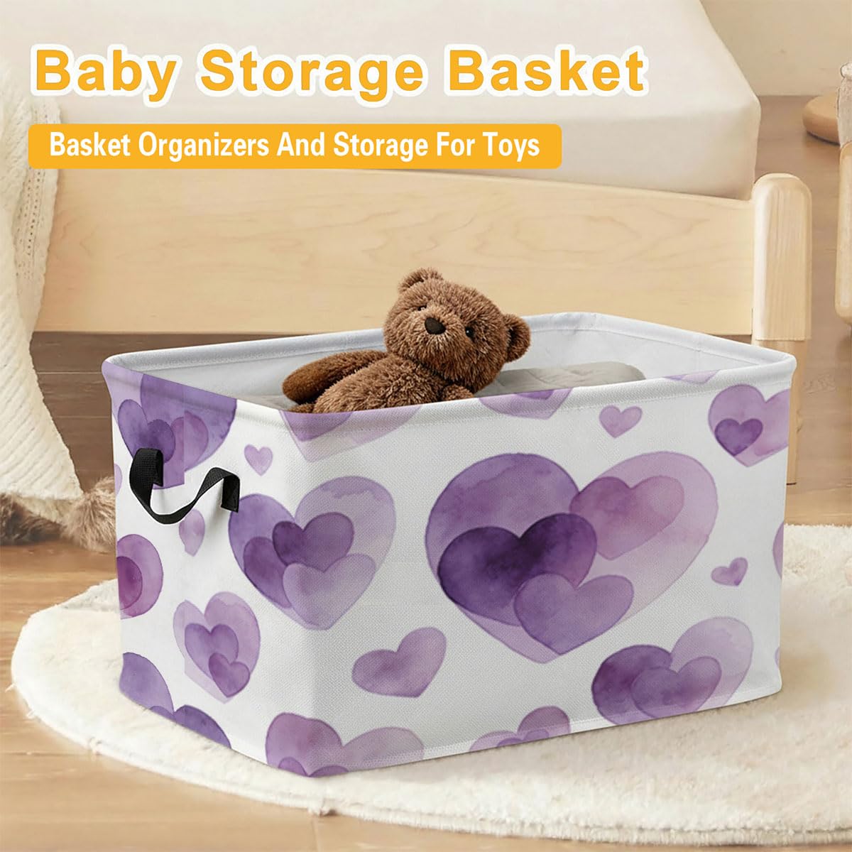 56L Purple Heart Foldable Square Laundry Hamper with Handles – Large Clothes, Blanket & Toy Storage Basket for Home Organization.