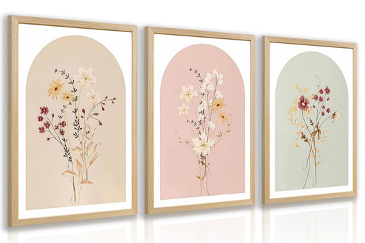 YZELY Wildflower Wall Art Set of 3, Neutral Botanical Floral Poster Prints, Minimalist Arch Cottagecore Wall Decor, Rustic Farmhouse Artwork for Bedroom Living Room Bathroom Wood Framed 12x16 Inch