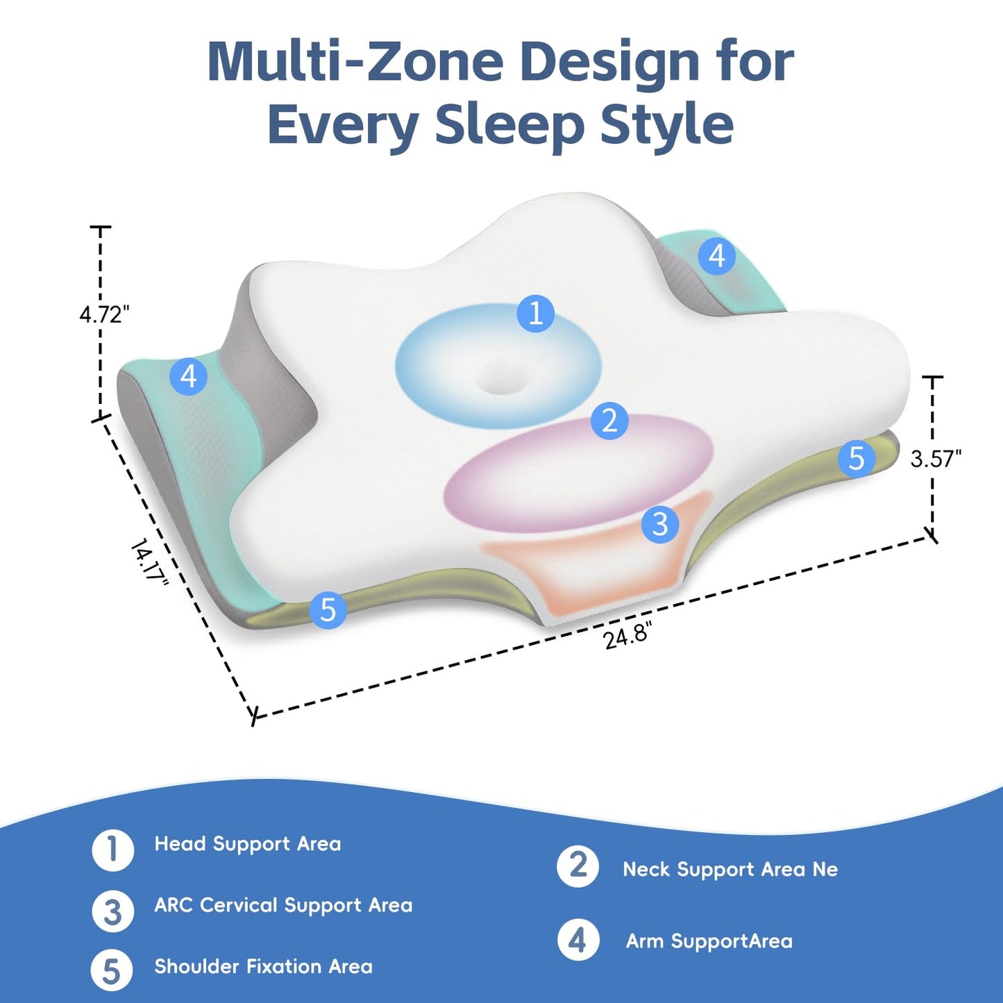 Missleep Cervical Neck Pillow, Memory Foam Pillows for Neck and Shoulder Pain Relief, 2 Heights Ergonomic Pillow with Breathable Ice Silk Cover, Neck Support Pillow for Side Sleepers White