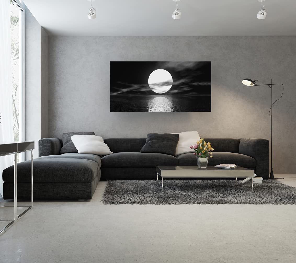 Cao Gen Decor Art S06450 Wall Art Canvas Sea White Full Moon in Night Picture Canvas Poster Print Black and White Ocean for Living Room Bedroom Kitchen Home Decorations Framed Artwork