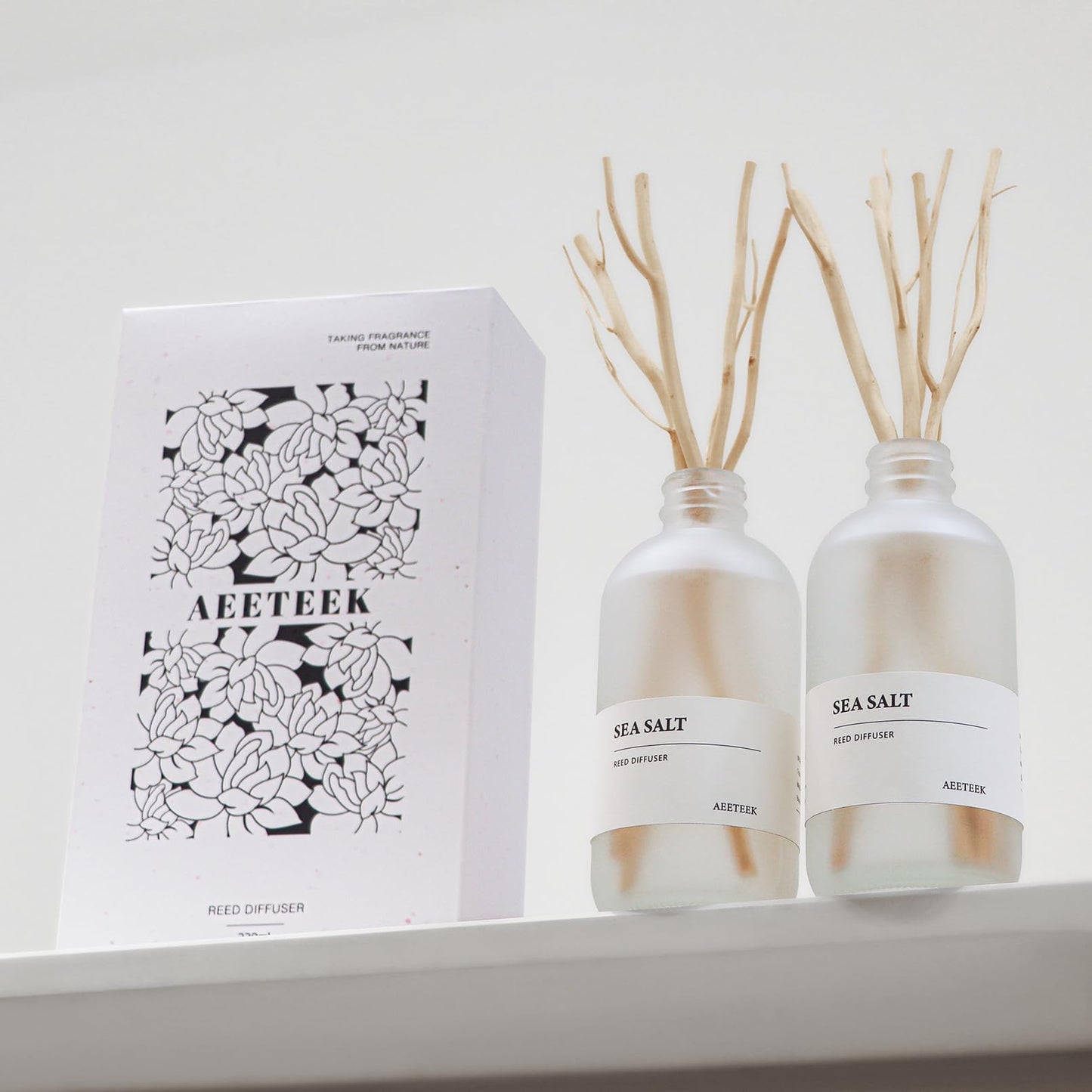 Aeeteek Sea Salt Reed Diffuser Set of 2-14.8 oz(220mlx2) Sea Salt Musk and Grass Essential Oils, Bathroom Air Freshener with Willow Branches Decor, Long Lasting Fragrance for Home, Office