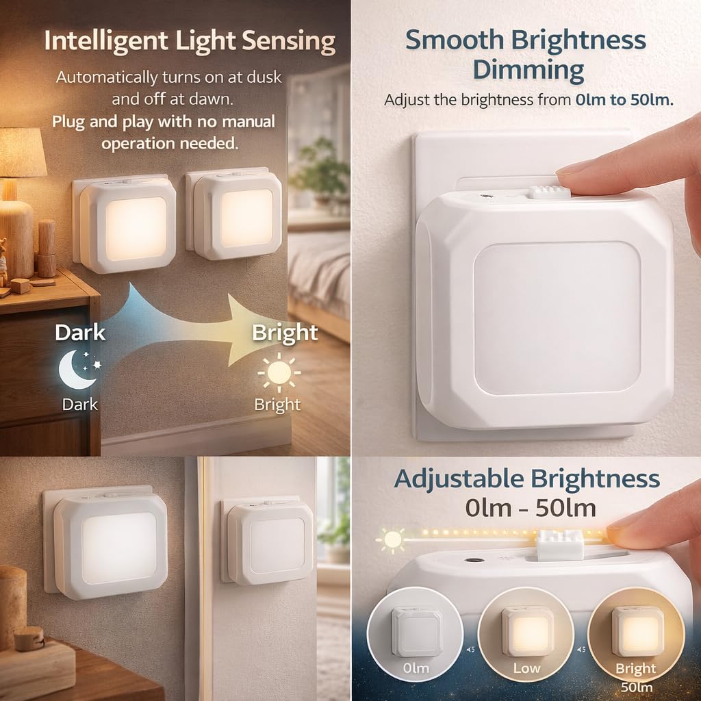 Snugluxe LED Night Lights Plug into Wall 2 Pack, Auto Dusk to Dawn Sensor, Adjustable Warm White, Plug in Nightlight for Bedroom, Kids Room, Bathroom, Hallway, Kitchen, Staircase