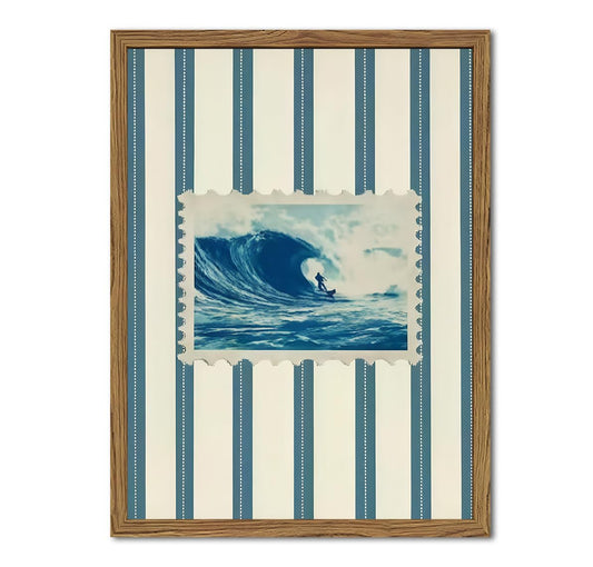 Vintage Surf Stripe Wall Art Trendy Coastal Wall Decor Painting Blue and White Beach Surf Poster Canvas Print for Bedroom Living Room Bathroom 12x16 inch Wood Framed