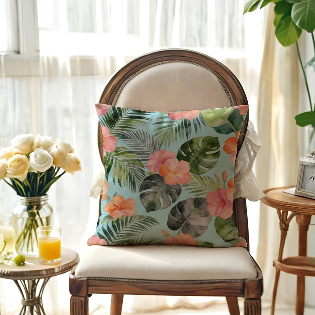 JAERUE Tropical Floral Throw Pillow Covers with Palm Leaf Hibiscus Flowers Decor Pillow Cases Farmhouse Summer Patio Decorative Cushion Covers 18 x 18 Inch,2Pack for Sofa Couch(Blue)