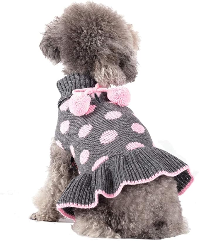 KYEESE Dog Sweaters with Leash Hole for Small Dogs Turtleneck Dog Sweater Dress for Girl Polka Dot Knit Pullover Doggie Sweater Warm Pet Sweater
