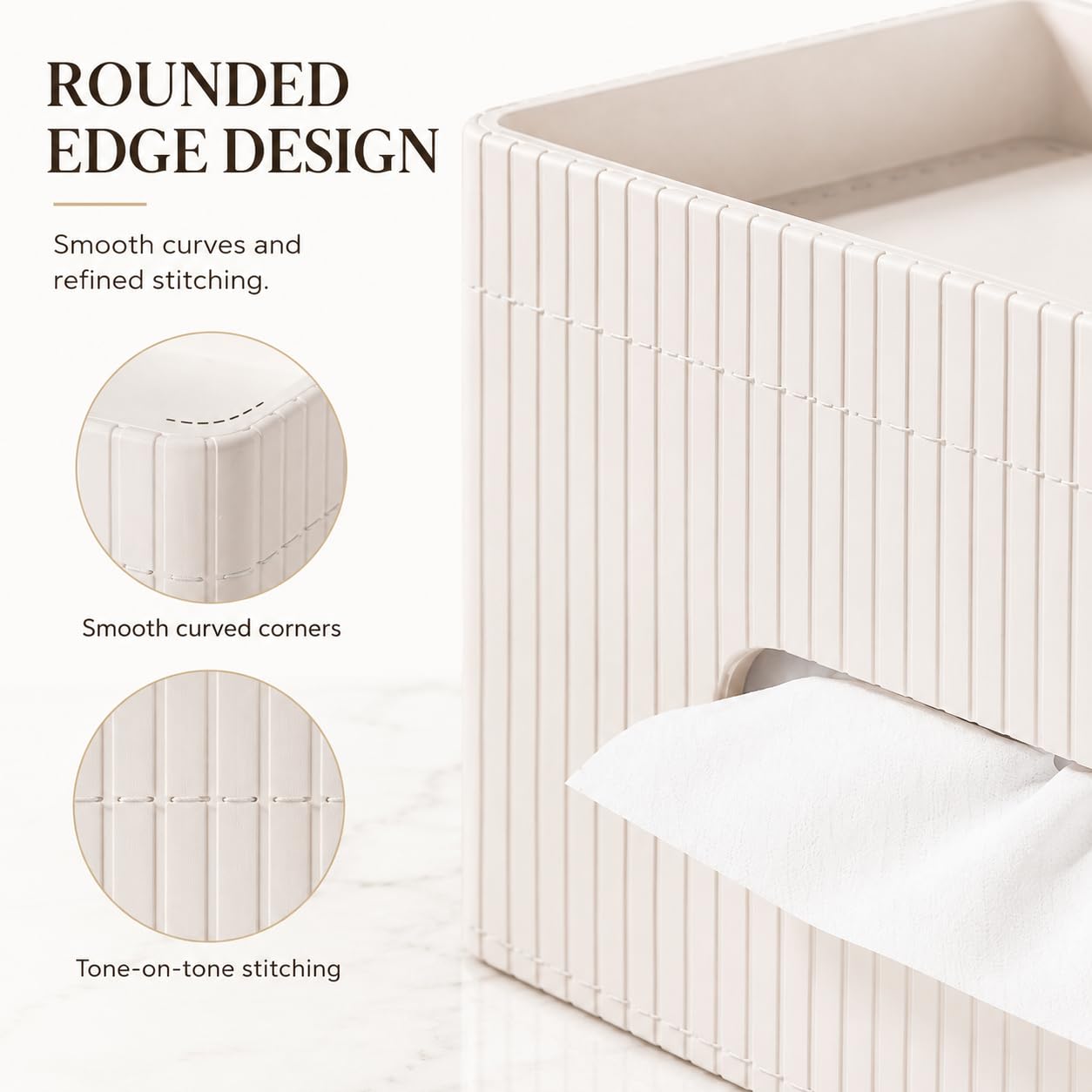 KINGFOM Ribbed PU Leather Tissue Box Cover with Storage Tray, Rectangular Facial Tissue Holder for Bathroom Vanity, Nightstand & Office Desk, Modern Decorative Tissue Dispenser (Ivory White)