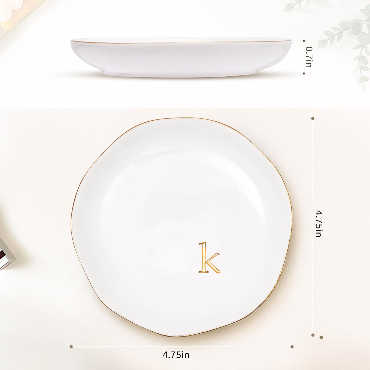 Fyshipin Ceramic Jewelry Tray,Decorative Trinket Dish for Room Decor,Birthday Valentine's Day Mother's Day Graduation Christmas Personalized Gift for Women, 4.75", Gold Rim,Engraved Initial k