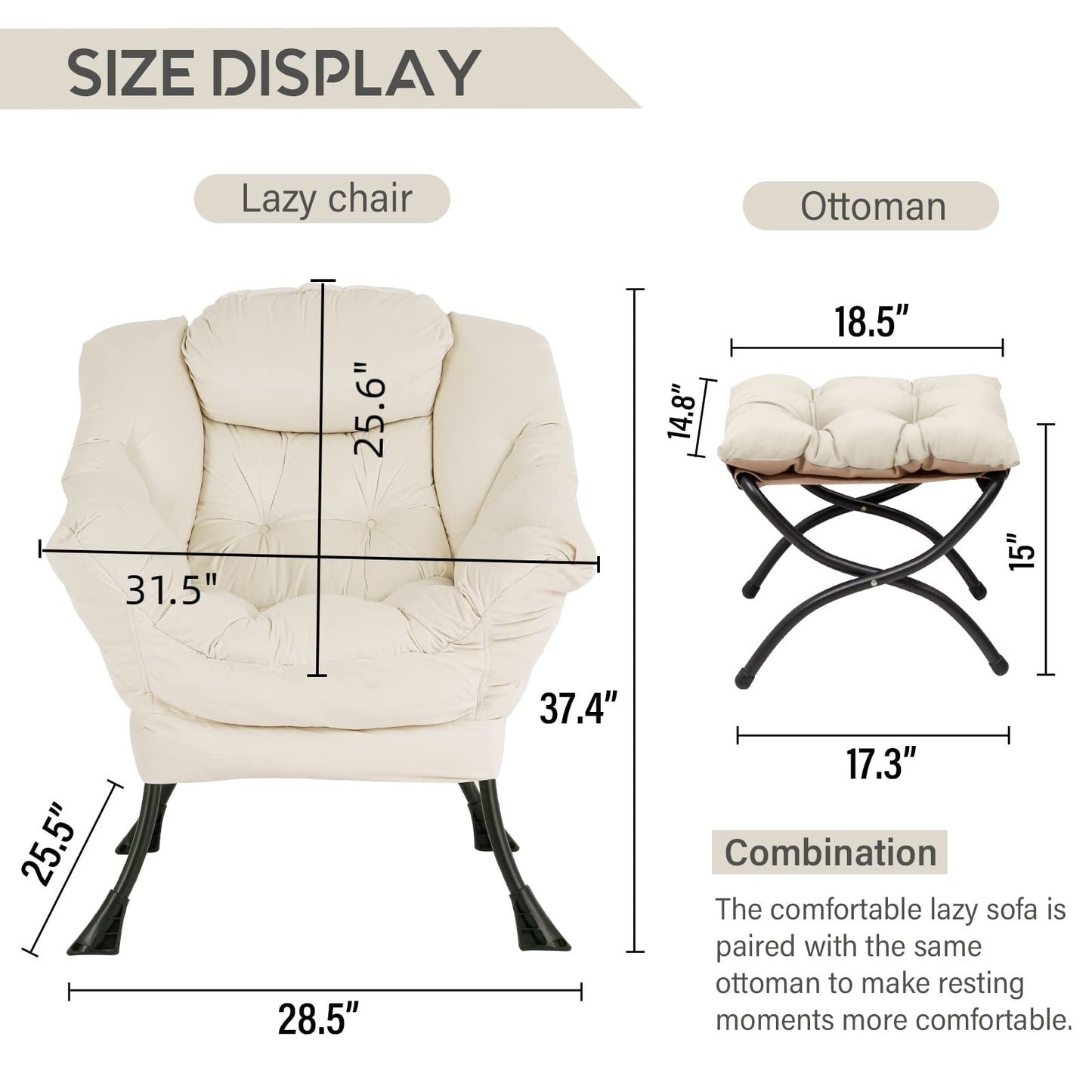 LITA Lazy Chair with Ottoman, Modern Accent Leisure Upholstered Sofa Chair, Contemporary Lounge Reading Chairs with Armrests and a Side Pocket for Living Room, Bedroom & Small Space, Beige